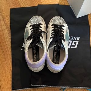 Golden Goose Superstar, Silver Glitter/Cord Gum/Anise Star, Size 36